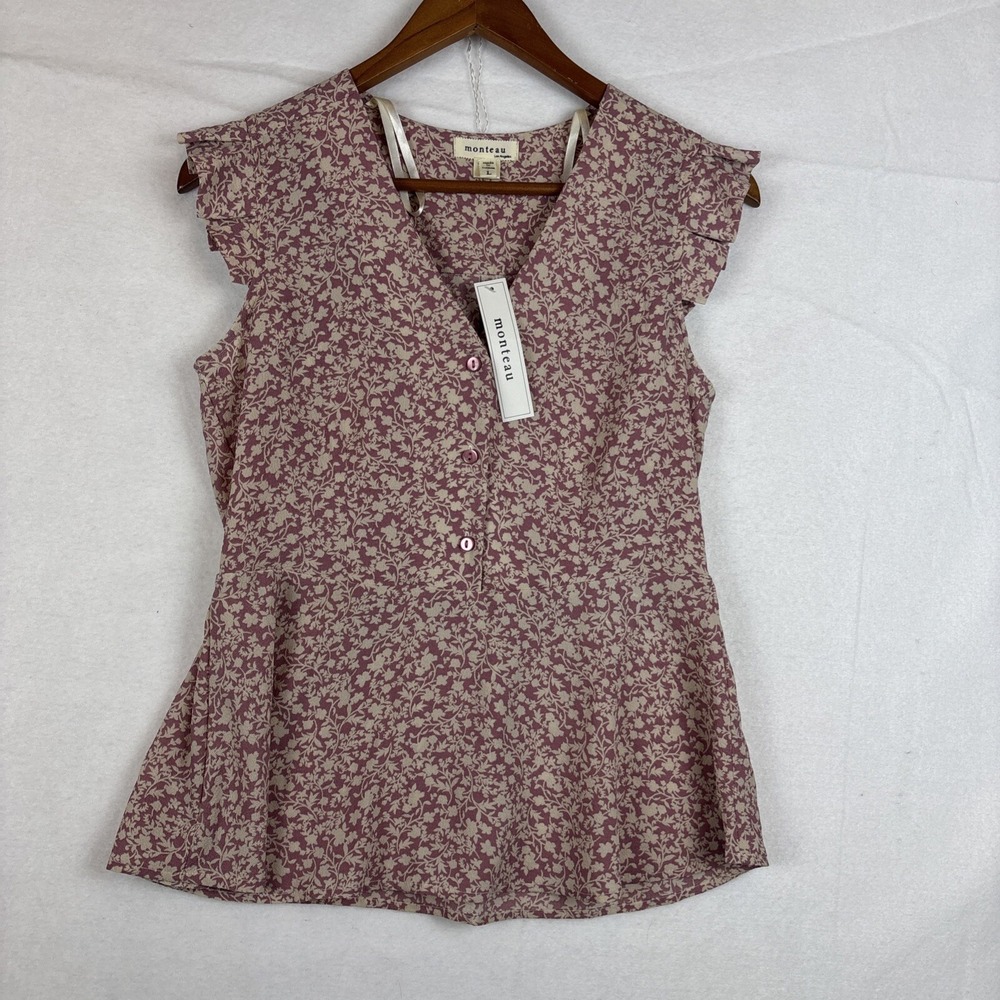 NWT Monteau Womens L Pink Floral Blouse Ruffle Short Sleeve V Neck 3 Button